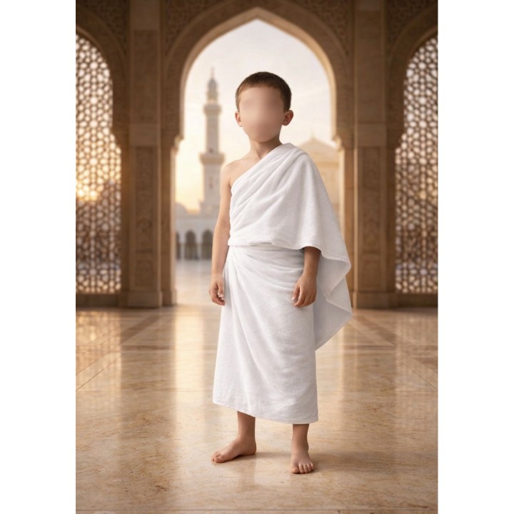 Jeune garçon en Ihram sous les arches