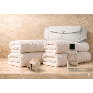 2 ihrams coton avec la ceinture de maintien, une prise adaptable et un savon liquide sans parfum 100ml .