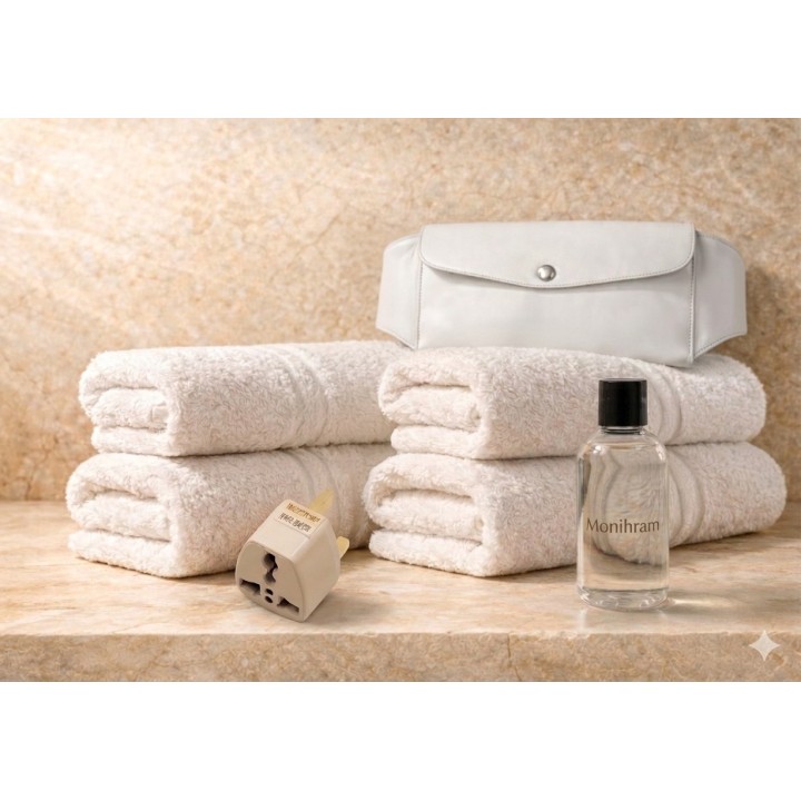 2 ihrams coton avec la ceinture de maintien, une prise adaptable et un savon liquide sans parfum 100ml .