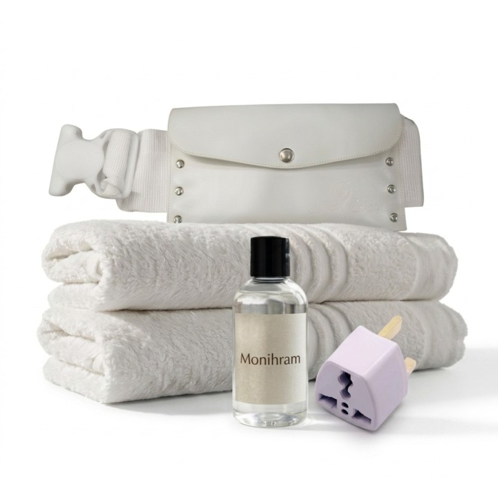 pack comprenant un ihram, une ceinture, un adaptateur universel et un flacon de savon sans parfum