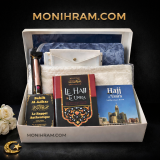 coffret cadeau complet pour le hajj ou la omra : ihram, ceinture, livres, siwak, tapis de prière