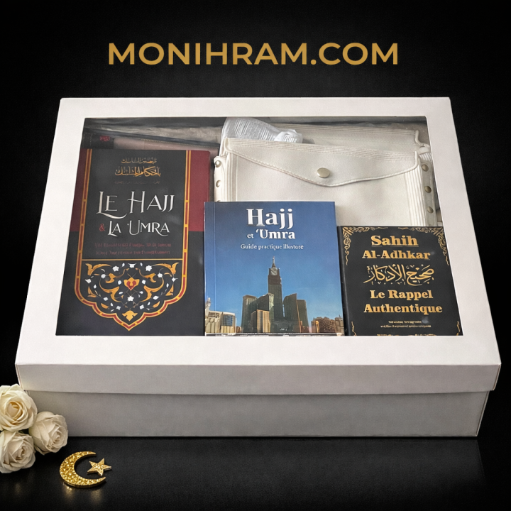 coffret cadeau complet pour le hajj ou la omra : ihram, ceinture, livres, siwak, tapis de prière