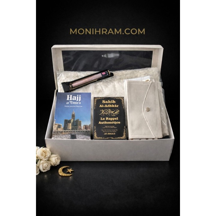 Coffret essentiel cadeau : un ihram, une ceinture réglable, un siwak, un guide omra et un livre adkhar